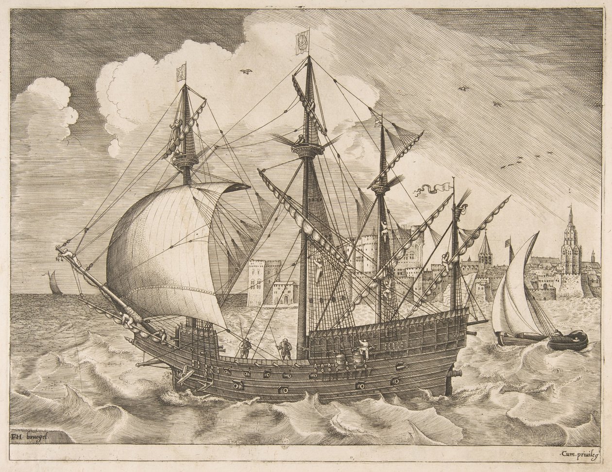 Bevæpnet fire-master legger ut til sjøs fra seilfartøyene, ca. 1555-56. av Frans Huys