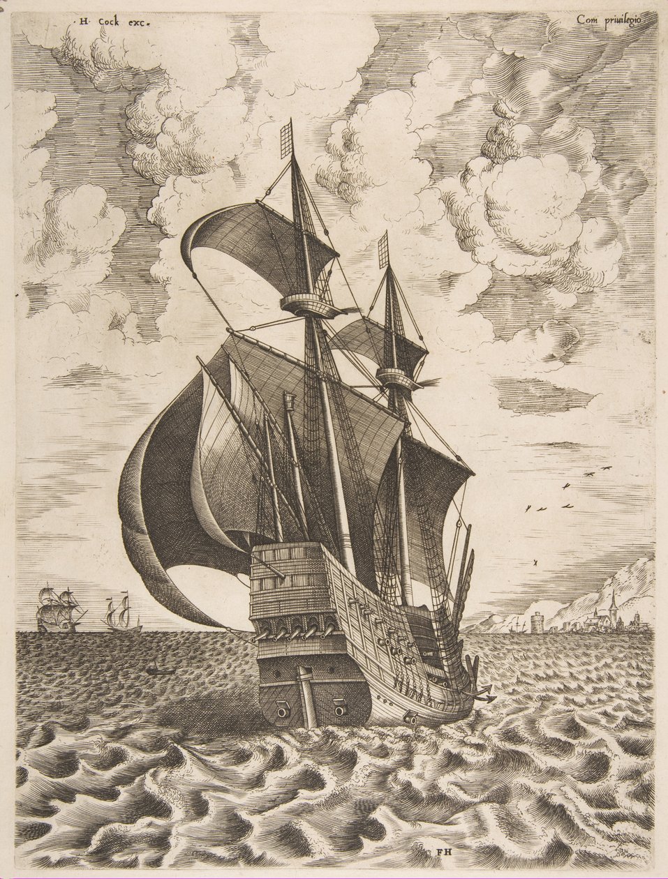 Bevæpnet firemaster seiler mot en havn fra seilfartøyene, 1561-65. av Frans Huys