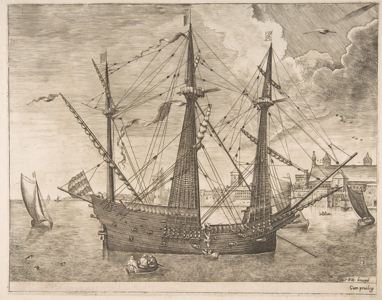 Bevæpnet tre-master ankret nær en by fra seilfartøyene, ca. 1555-56. av Frans Huys