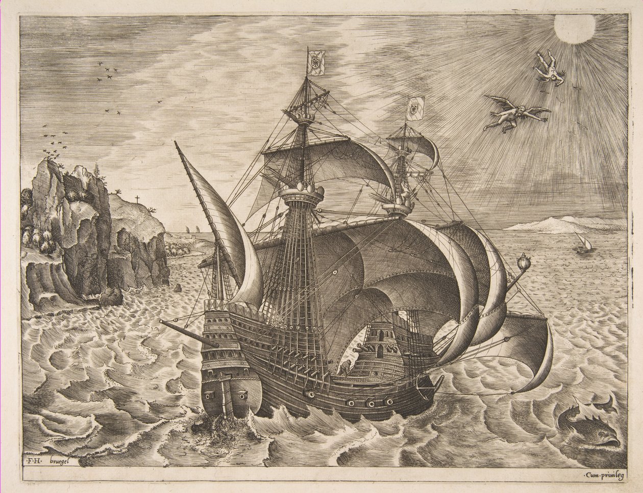 Bevæpnet tremester med Daedalus og Icarus in the Sky fra The Sailing Vessels, 1561-65. av Frans Huys