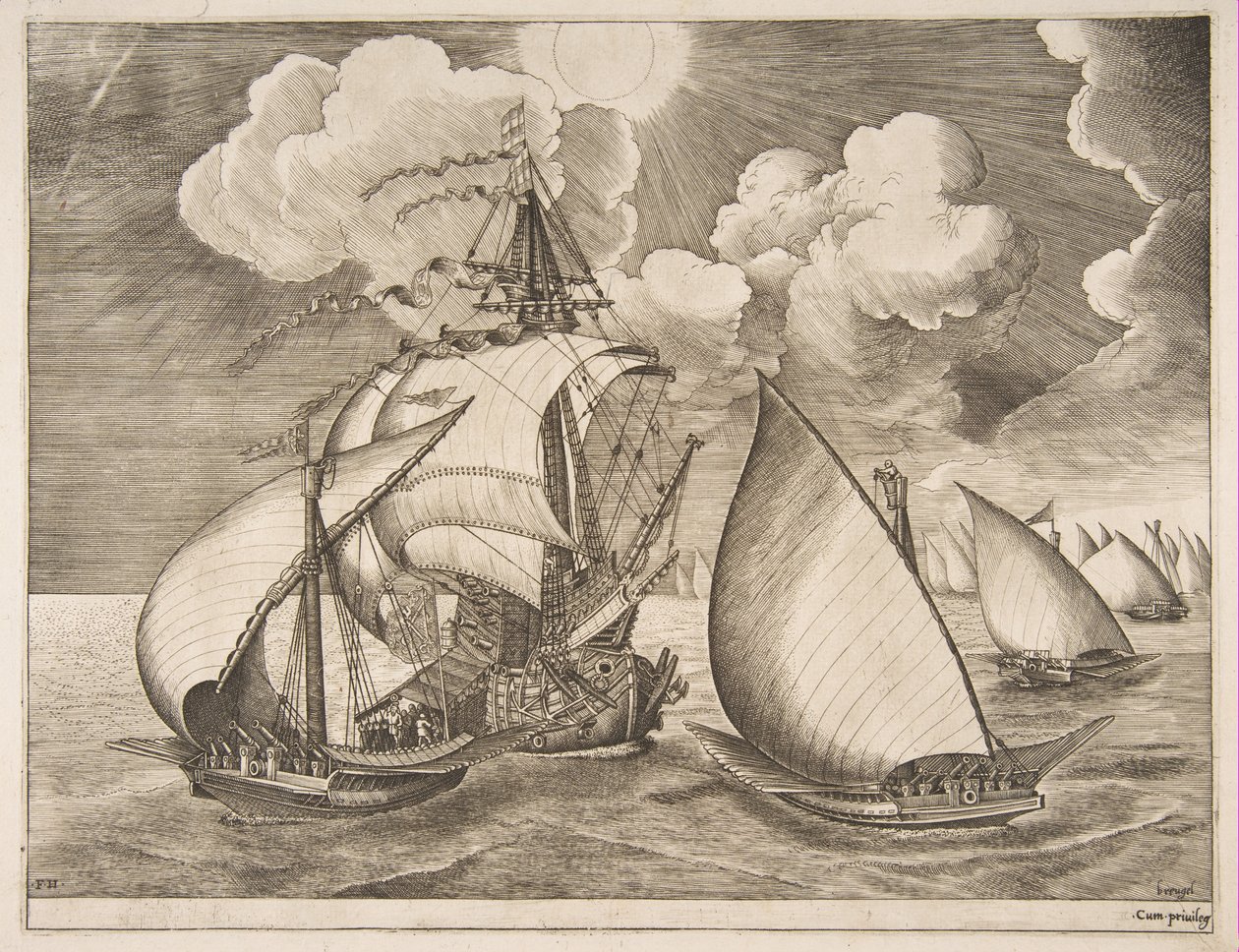 Flåte av bysser eskortert av en karavel fra seilfartøyene, 1561-65. av Frans Huys