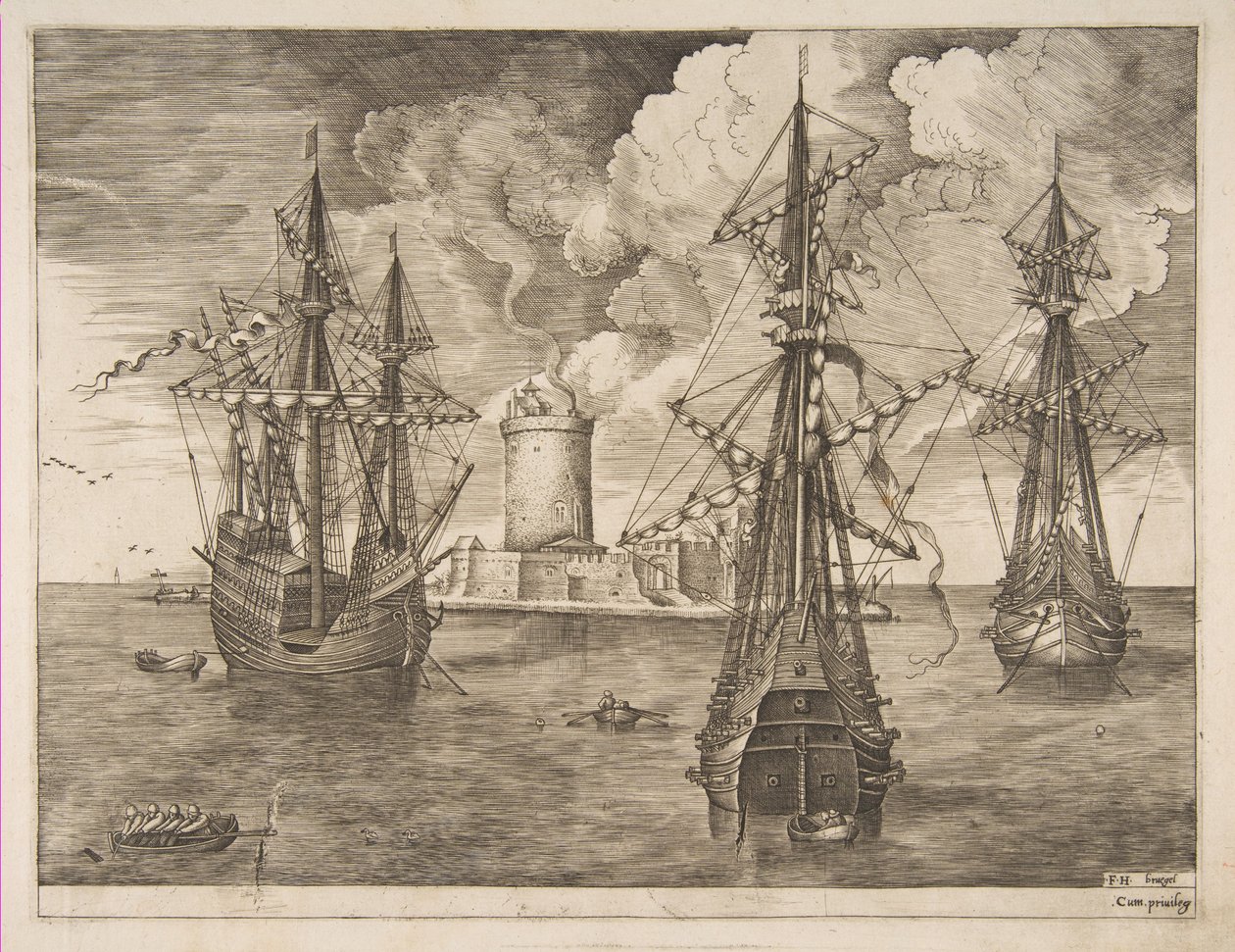 Fire-mester til venstre og to tre-mester forankret nær en befestet øy med et lys..., 1561-65. av Frans Huys