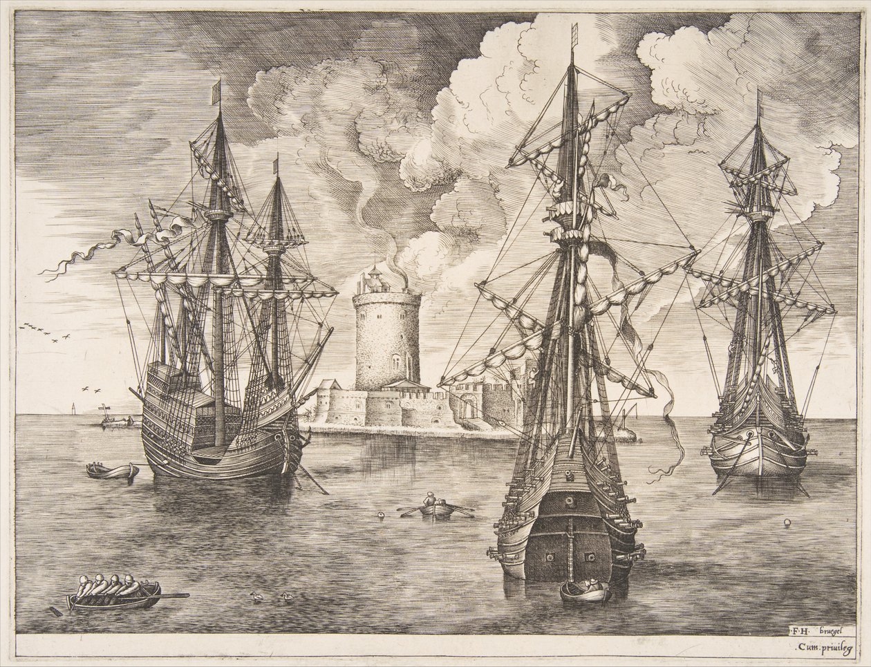Fire-master og Two Three-masters ankret nær en befestet øy fra The Sailing Ves..., 1561-65. av Frans Huys