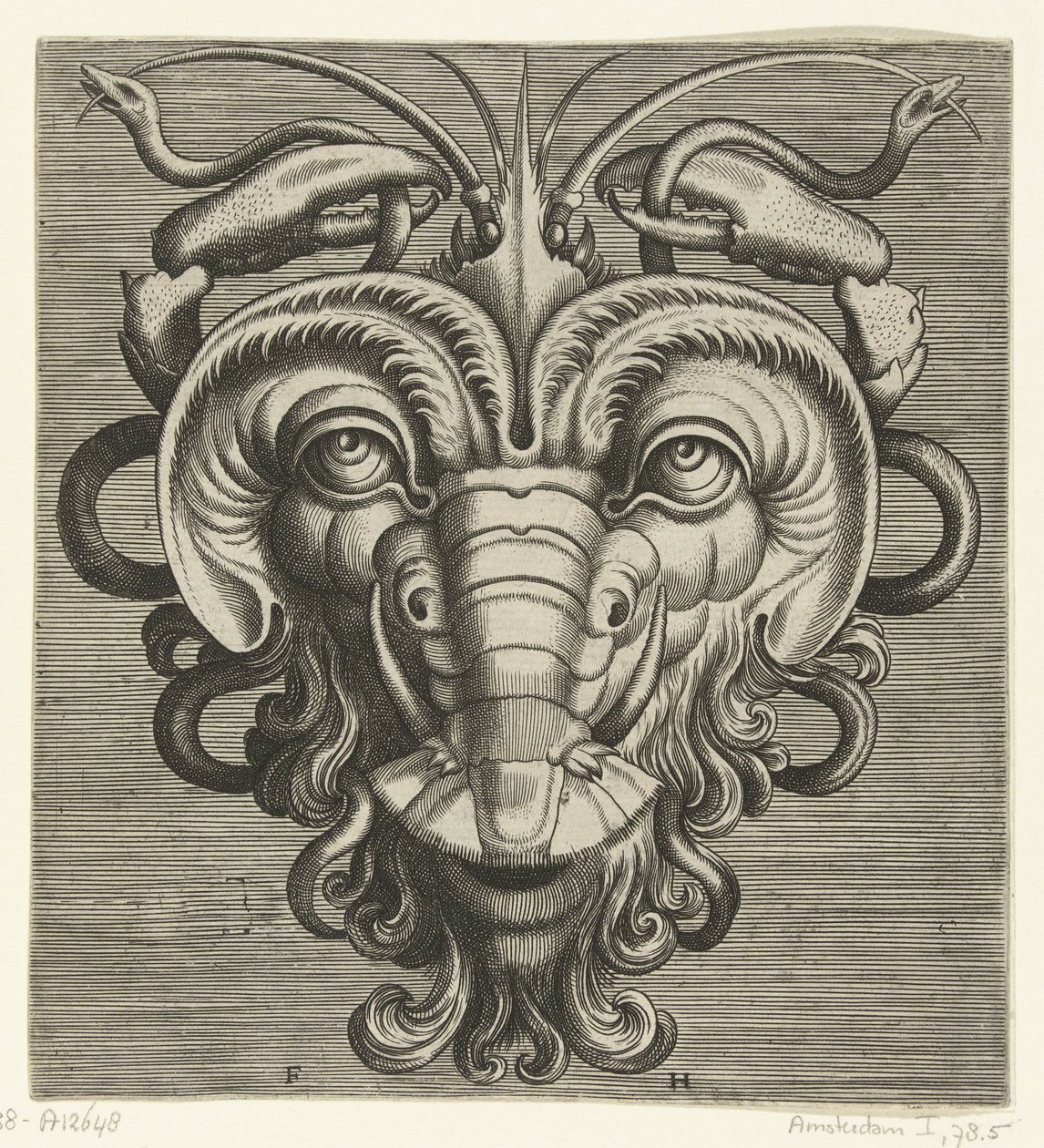 Maske med to hummerklør som holder slanger Pourtraicture ingenieuse de plusieurs facons de masques... (serietittel) av Frans Huys