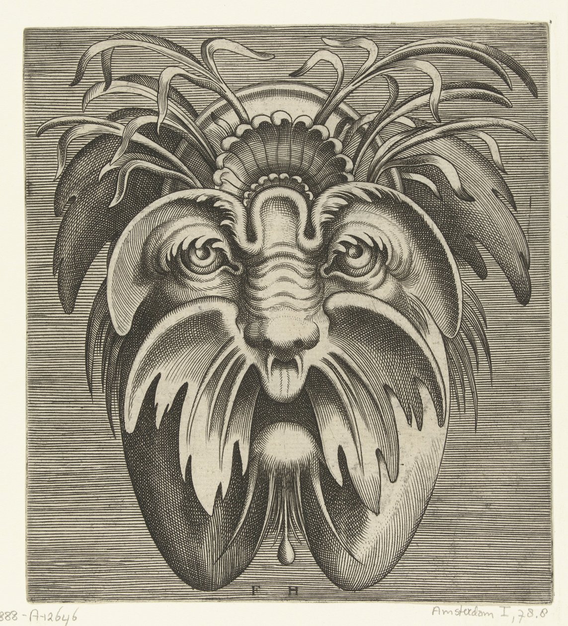 Maske med slappe kinn og bart, det er gress i håret Pourtraicture ingenieuse de plusieurs facons de masques... (serietittel) av Frans Huys