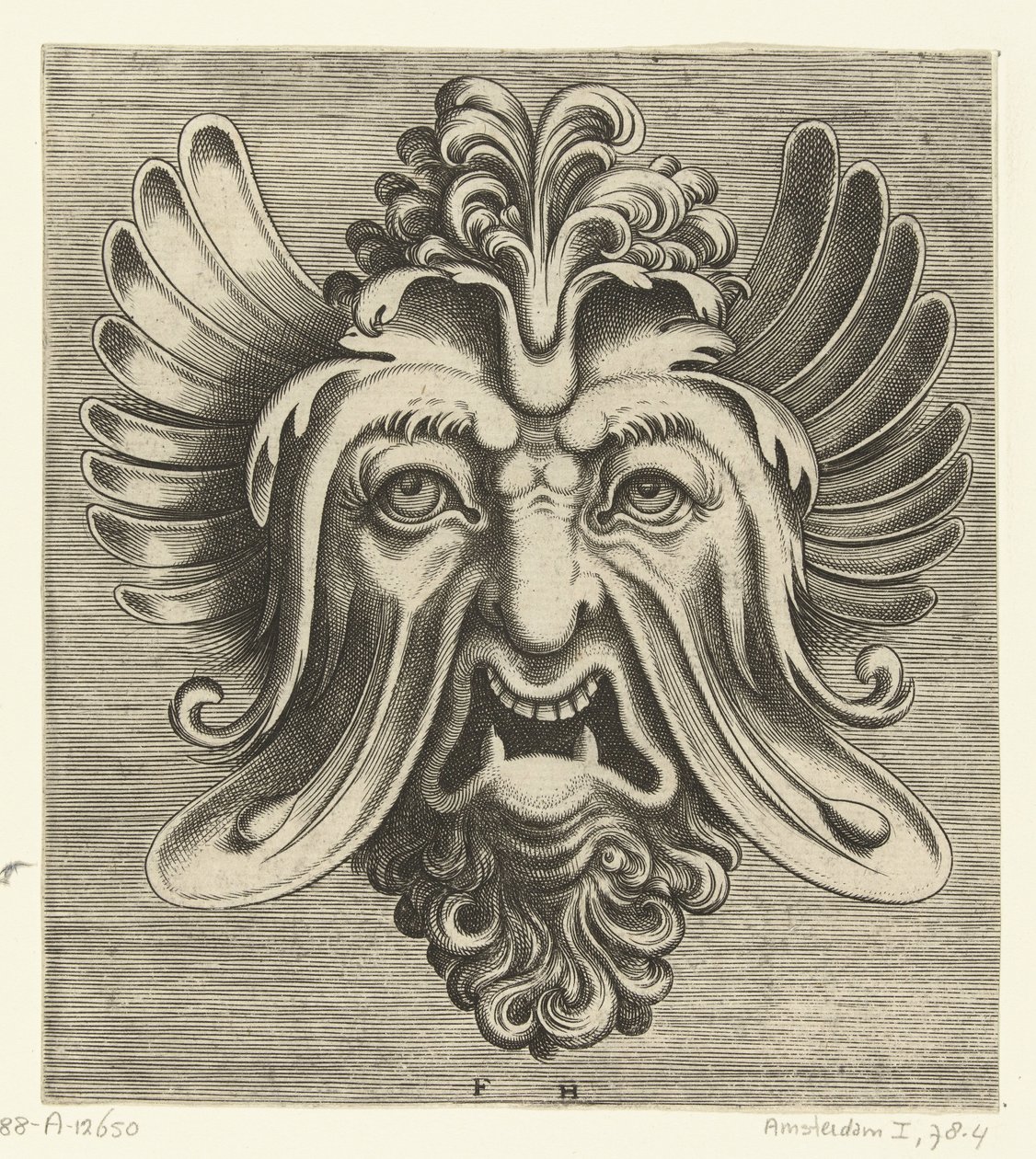 Masker met uitgezakte wangen, twee spitse ondertanden en een toef krullen rustend op de neuswortel Pourtraicture ingenieuse de plusieurs facons de masques… (series title)   1376064   no       norwegian Successfully Translated  Original: September and Octob av Frans Huys