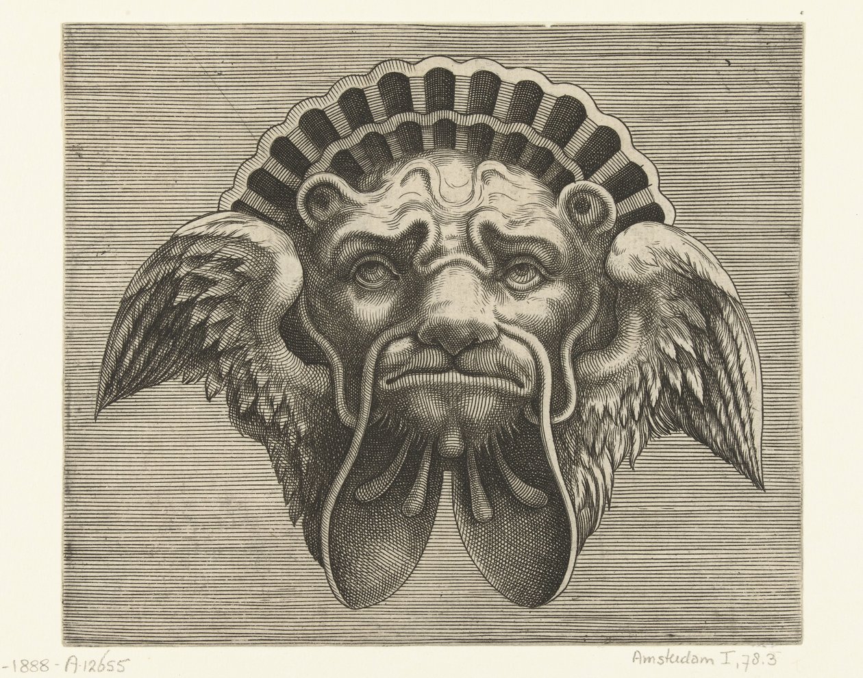 Maske med vinger i stedet for ører og en hodeplagg i form av et skall Pourtraicture ingenieuse de plusieurs facons de masques... (serietittel) av Frans Huys
