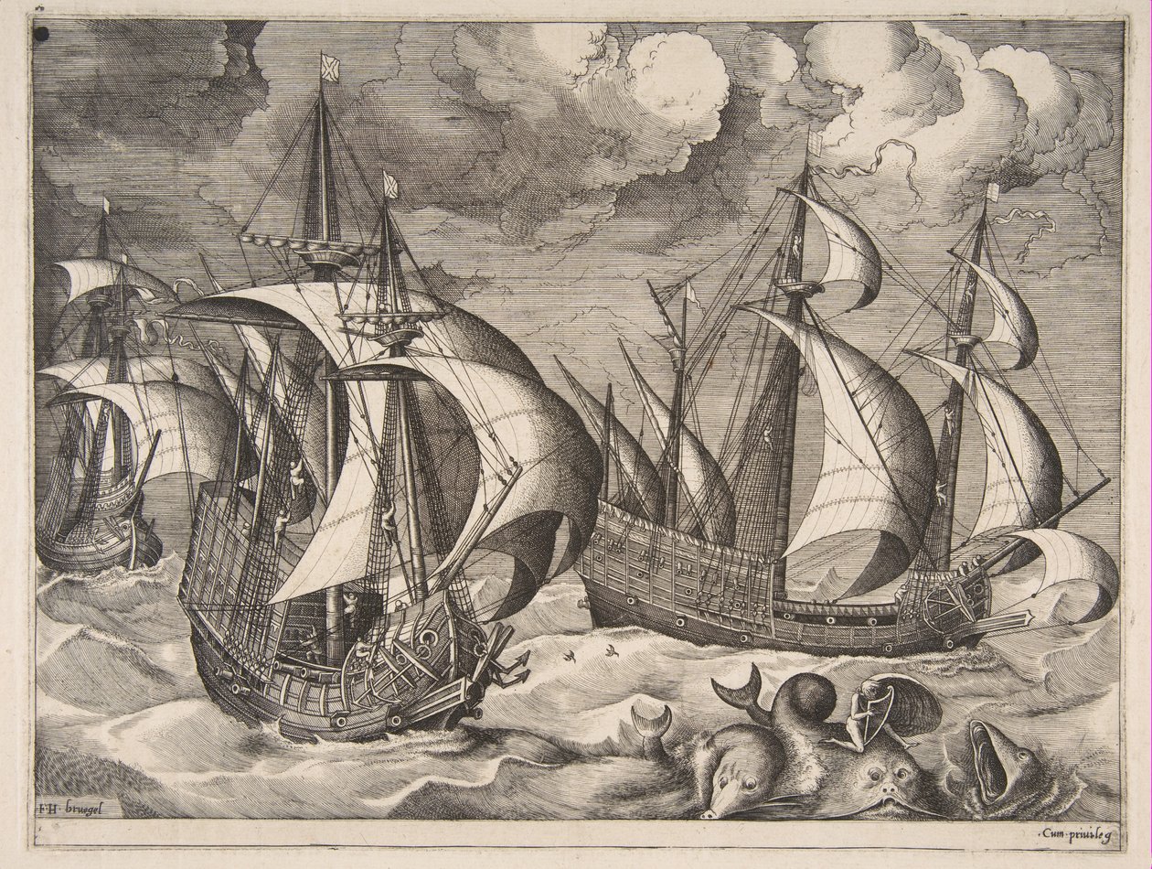 Three Caravels in a Rising Squall with Arion on a Dolphin fra The Sailing Vessels, 1561-65. av Frans Huys