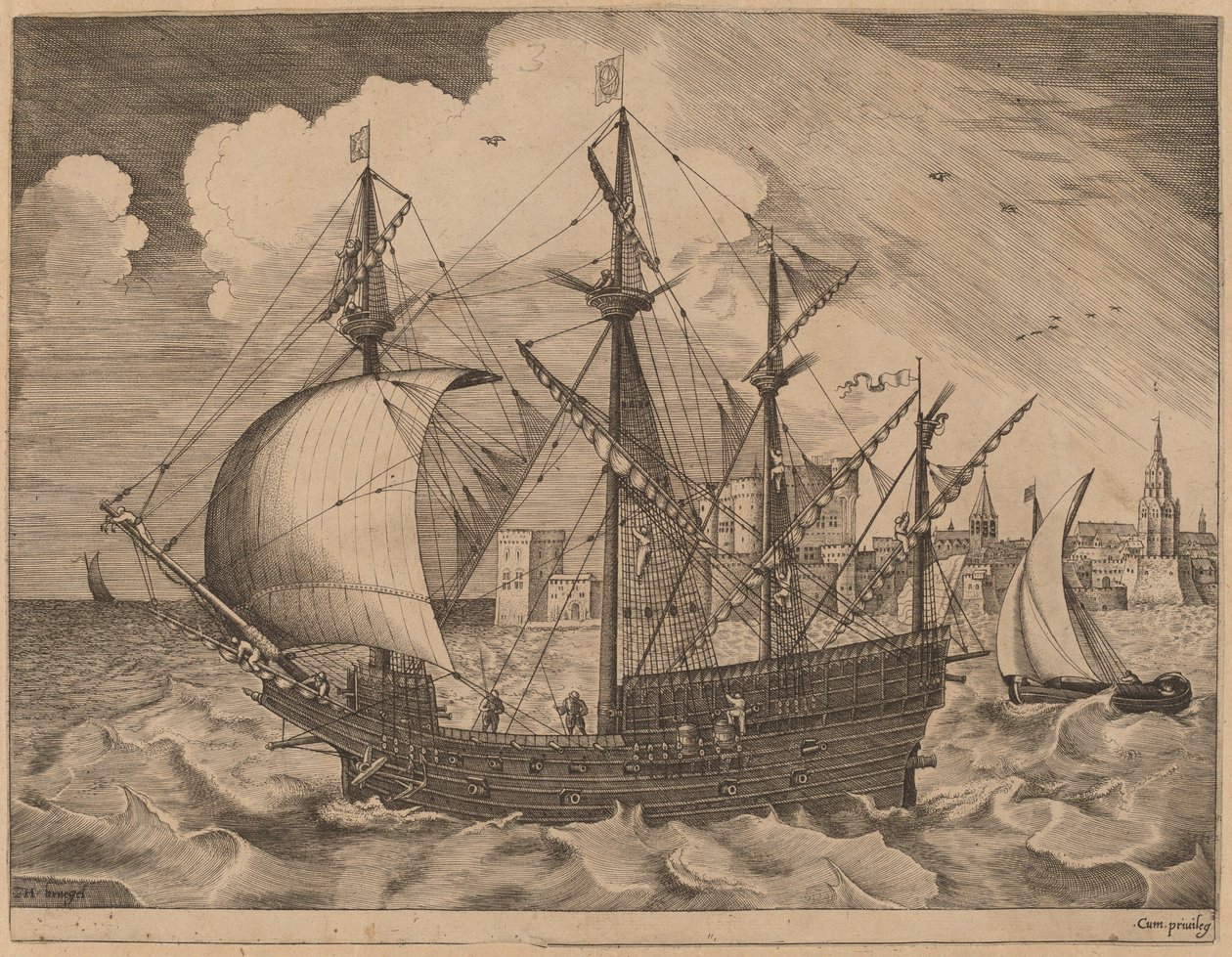 Bevæpnet fire-master legger ut på havet av Frans Huys after Pieter Bruegel the Elder
