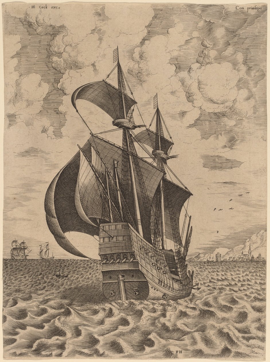 Bevæpnet firemaster seiler mot en havn av Frans Huys after Pieter Bruegel the Elder
