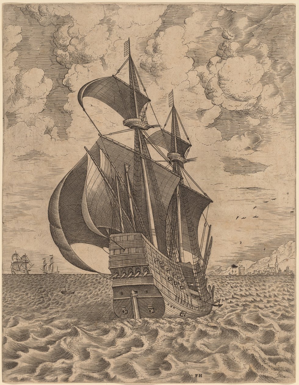 Bevæpnet firemaster seiler mot en havn av Frans Huys after Pieter Bruegel the Elder