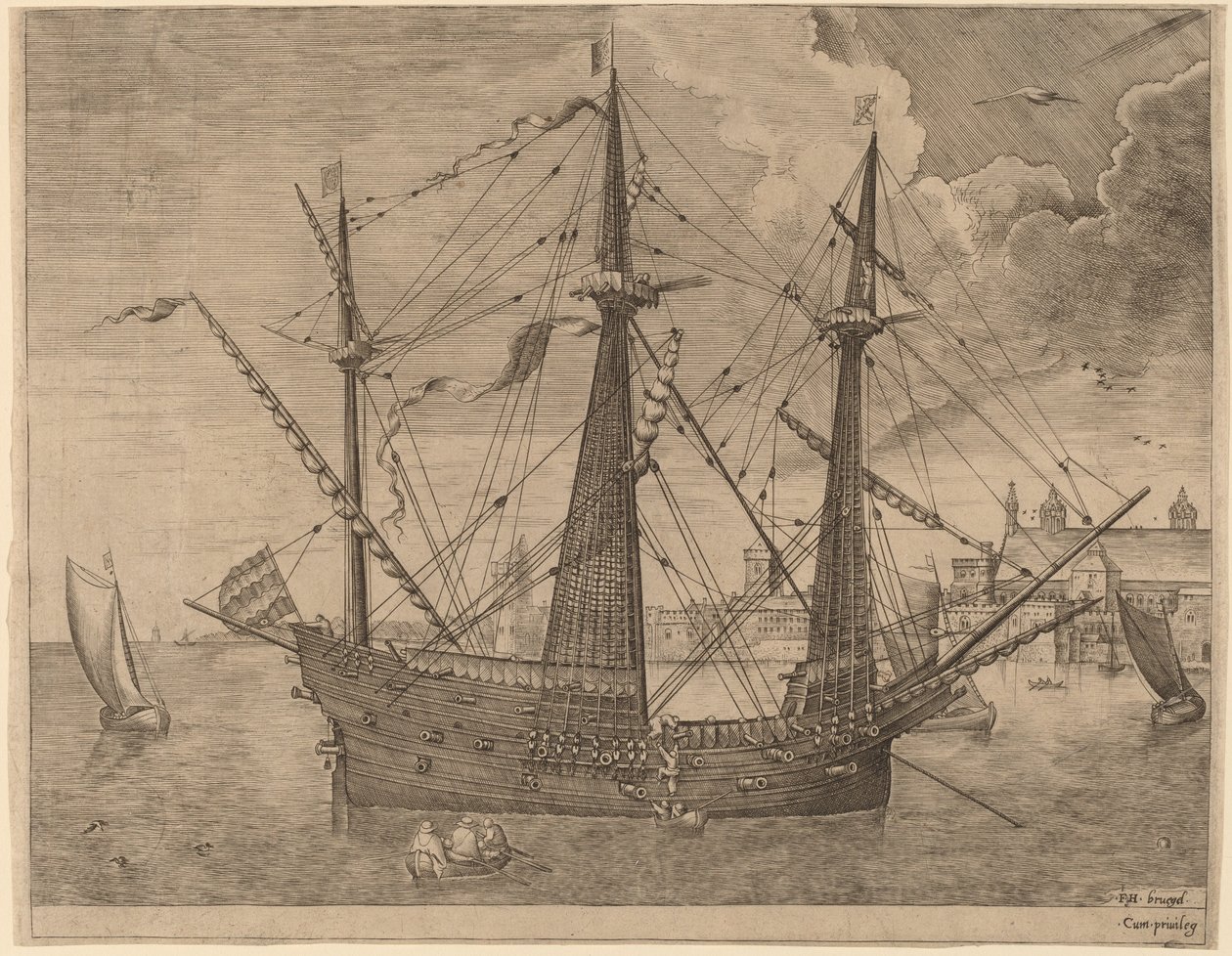 Bevæpnet tremester forankret nær en by av Frans Huys after Pieter Bruegel the Elder