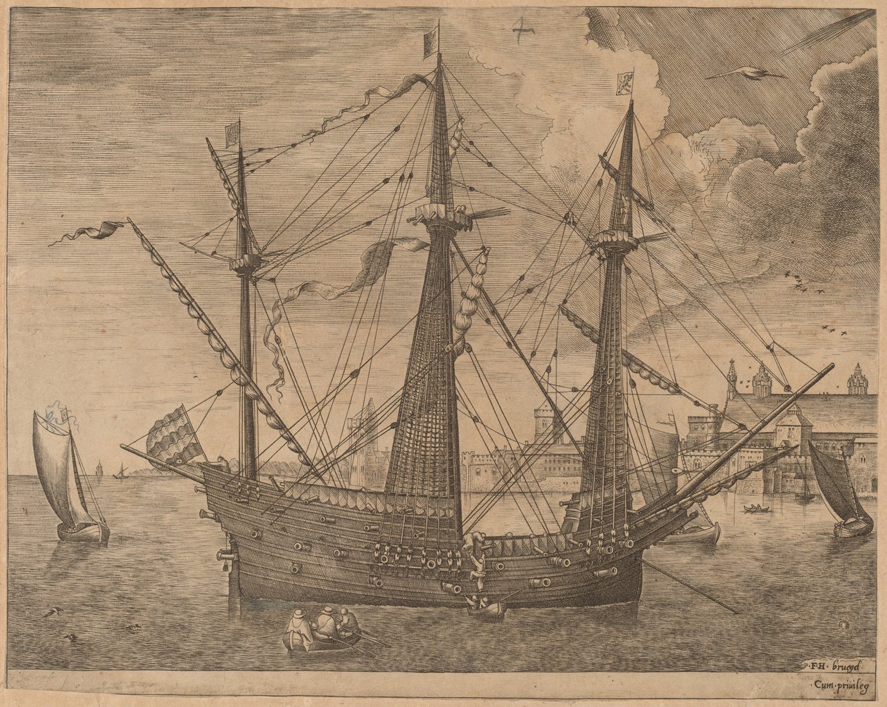 Bevæpnet tremester forankret nær en by av Frans Huys after Pieter Bruegel the Elder