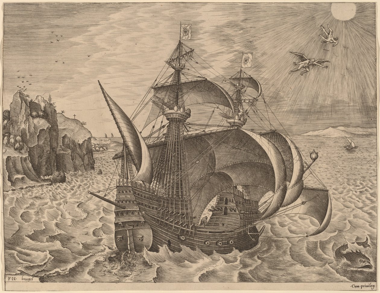 Bevæpnet tremester med Daedalus og Icarus i himmelen av Frans Huys after Pieter Bruegel the Elder