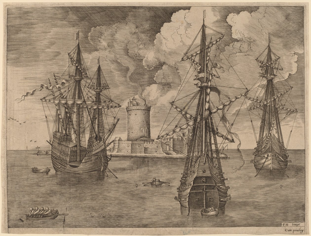 Fire-mester (venstre) og to tre-mester forankret nær en befestet øy med et fyrtårn av Frans Huys after Pieter Bruegel the Elder