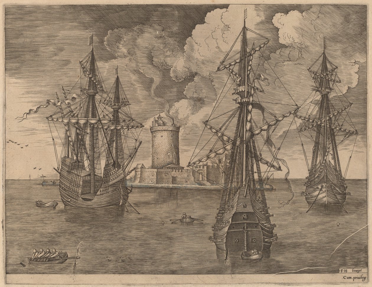 Firemester (venstre) og to tremester forankret nær en befestet øy med et fyrtårn av Frans Huys after Pieter Bruegel the Elder