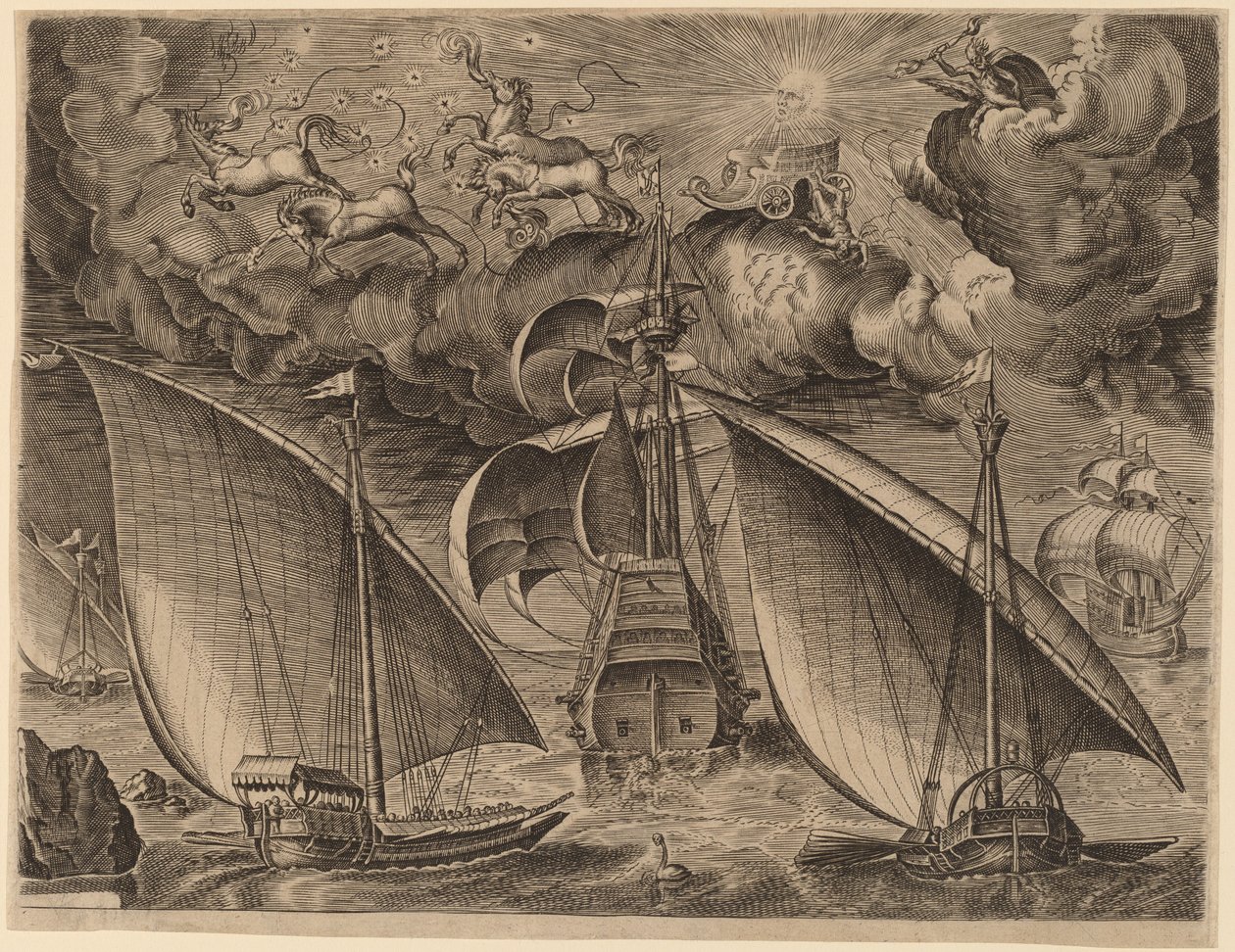 To bysser bak en væpnet tremester med Phaethon og Jupiter i himmelen av Frans Huys after Pieter Bruegel the Elder