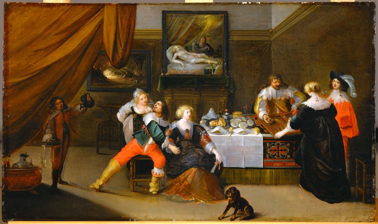 Samfunnsscene, et bilde av Danae på bakveggen (maleri på eik) av Frans III Francken