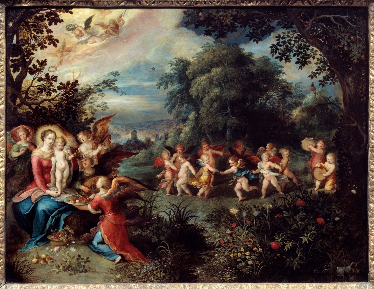 Madonna har barnet i et landskap omgitt av musikere og dansende engler. Maleri av Frans Le Jeune Franken (1581-1642) Ec. Flam. av Frans II Francken