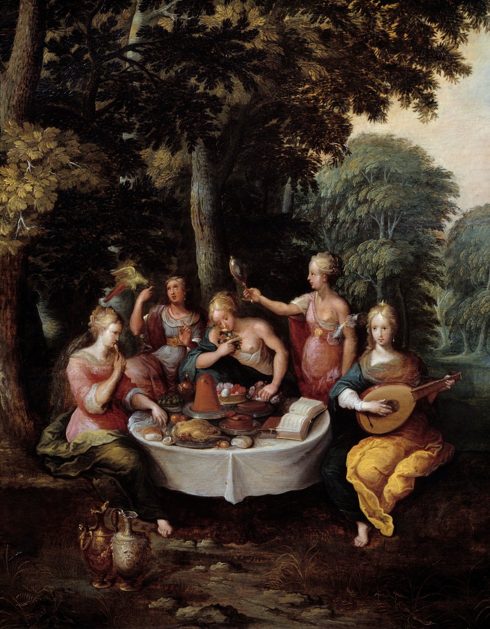 De fem sansene unge kvinner i et landskap med bankett (smak), musikk (hør), speil (syn), bukett blomster (lukt) og kjærtegn (berøring). Detalj. Maleri av Franz (Frans) Francken II le Jeune (1581-1642) av Frans II Francken