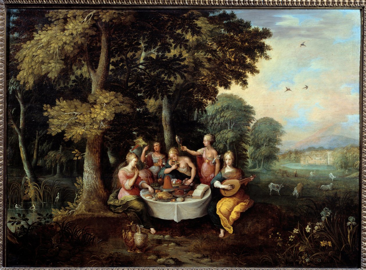 De fem sansene unge kvinner i et landskap med bankett (smak), musikk (hør), speil (syn), bukett blomster (lukt) og kjærtegn (berøring). Maleri av Franz (Frans) Francken II le Jeune (1581-1642) (ec.flam.) 1600-tallet søn. 0,65x0,9 m Toulouse, museum av Frans II Francken
