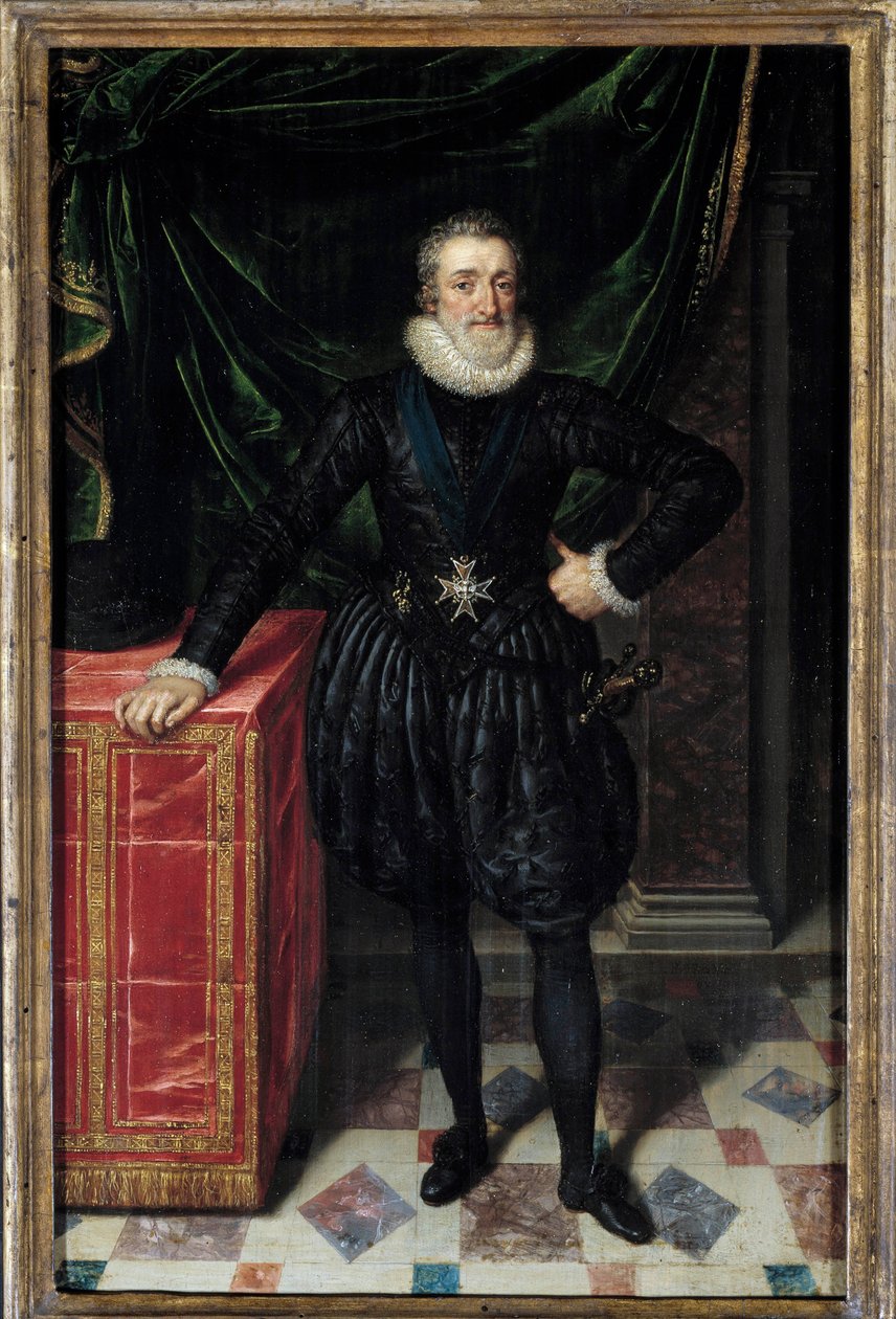 Portrett til fots av Henrik IV (1553-1610) Kongen bærer insigniene til Den Hellige Ånds Orden (Den Hellige Ånds Orden). Maleri av Frans Pourbus Le Jeune (Francois (Franz) Porbus av Frans II Pourbus