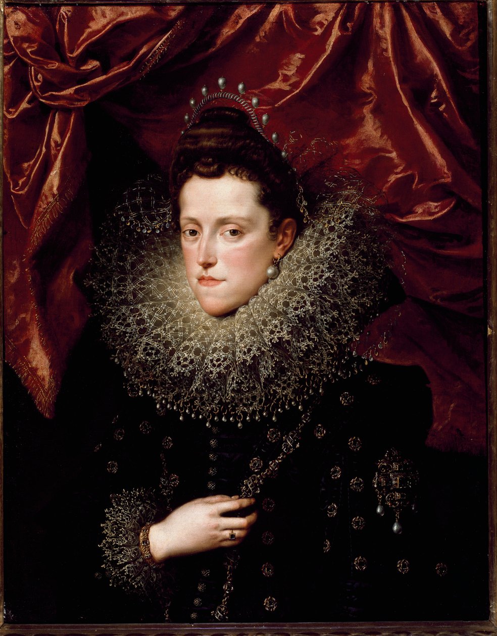 Portrett av Eleonore de Medicis (1566-1611) Prinsesse av Toscana Hun har en jordbærkrage. Maleri av Frans Pourbus Le Jeune (Francois (Franz) Porbus av Frans II Pourbus
