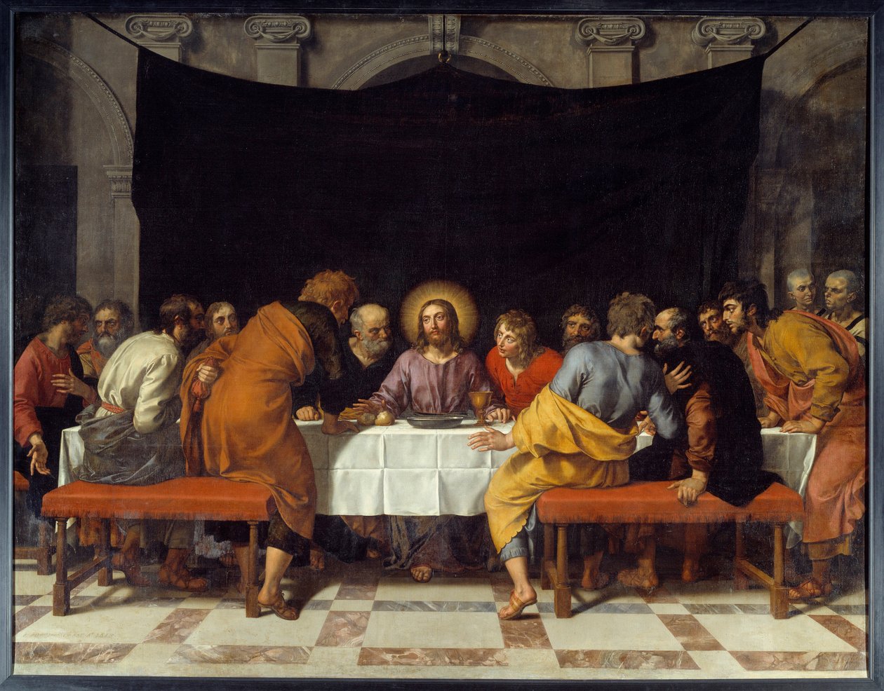 Cene Kristus omgir apostlene. Maleri av Frans Pourbus Le Jeune (Francois (Franz) Porbus av Frans II Pourbus