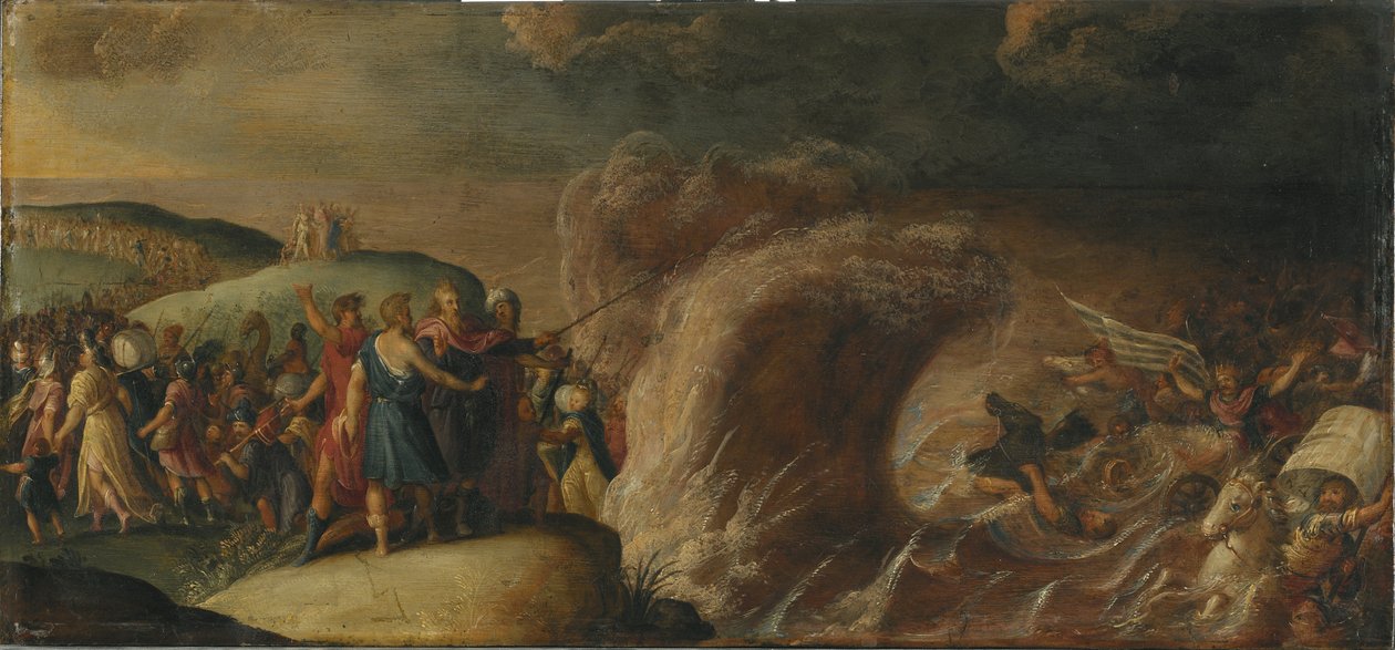 Les Israelites traversent la Mer Rouge - Israelittene krysset Rødehavet, av Francken (II), Frans, School of . Olje på kobber. Mål: 27,5x58,5 cm. Nationalmuseum Stockholm av Frans II the Younger (studio of) Francken