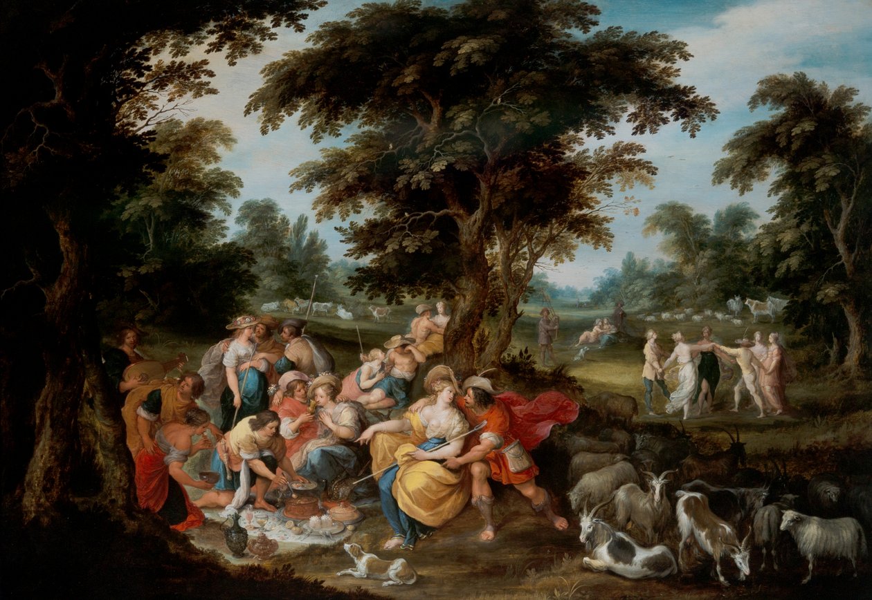 Arcadia: Et pastoralt landskap med hyrder og gjeterinne av Frans II the Younger Francken