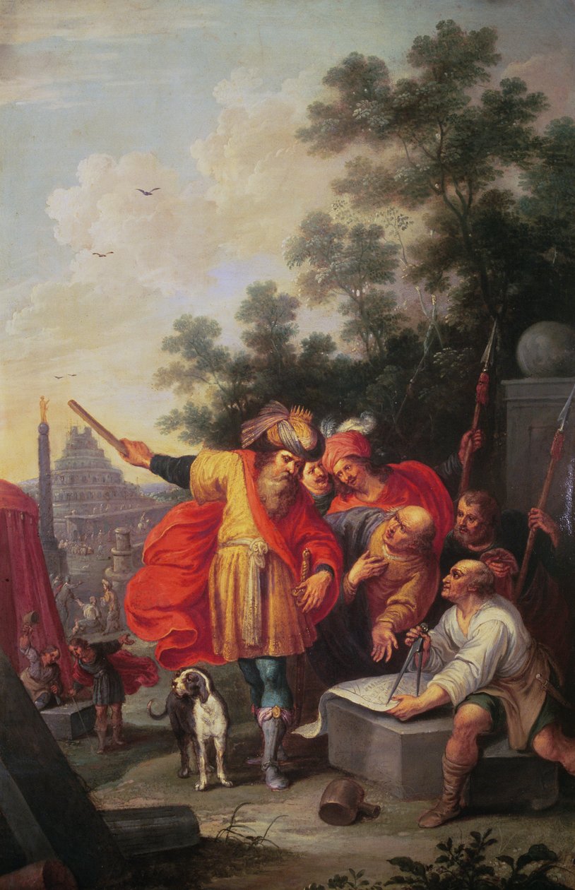 Byggingen av Babelstårnet, eller Nimrod snakker med arkitekter (olje på lerret) av Frans II the Younger Francken