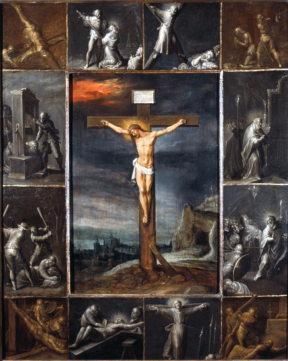Den korsfestede Kristus innrammet med scener av apostlenes martyrium av Frans II the Younger Francken