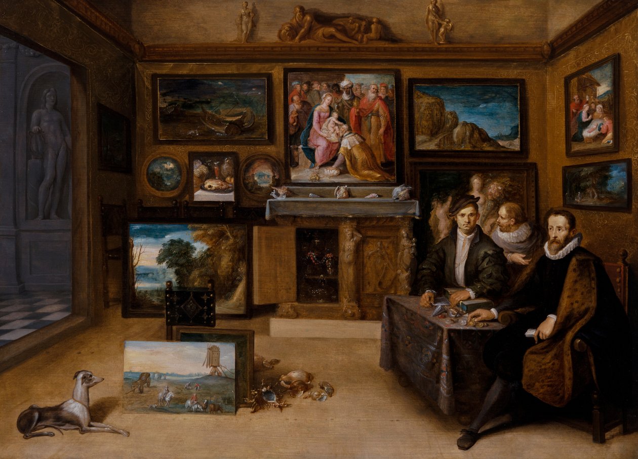 Interiøret i et samlerskap med Justus Lipsius og to Conslefhebbers av Frans II the Younger Francken