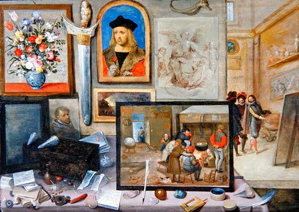 Interiøret i et kunstnerstudio (olje på panel) av Frans II the Younger and workshop Francken