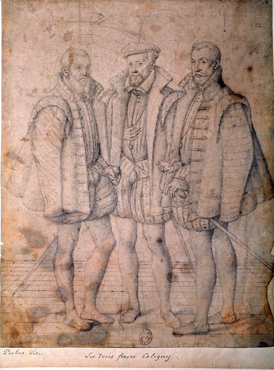 Portrett av de tre Coligny: kardinal Odet (1515-1571), Gaspard (1517-1572), admiral av Frankrike og Francois (1521-1569), herre av Andelot. Tegning tilskrevet Frans (Francois (Franz) Pourbus l