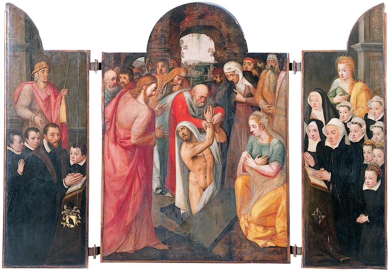 Triptych: The Raising of Lazarus på det sentrale rommet med en knelende mannlig donor, presentert av St. Jacob og hans sønner på venstre fløy, hans kone knelende, presentert av St. Catharine og hennes døtre på høyre fløy av Frans I Pourbus