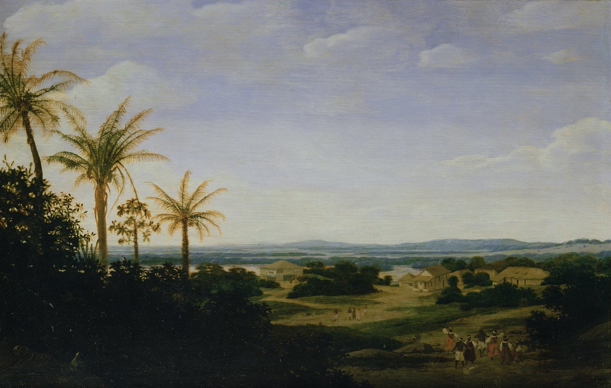 Brasiliansk landskap med den portugisiske residensen, kirken og Casa Granda, elven Varzea bortenfor av Frans Post