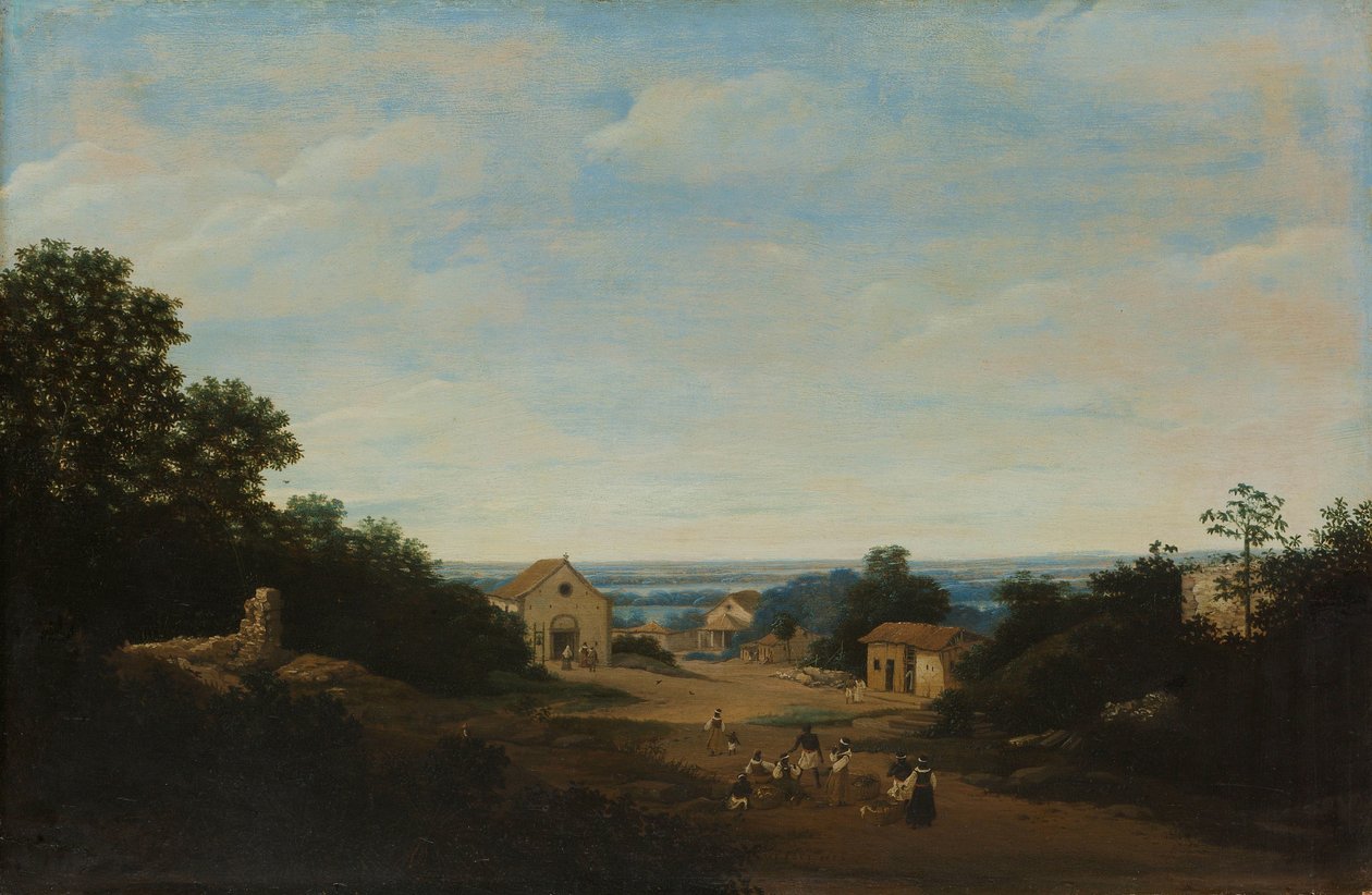 Brasiliansk landskap med landsbyen Igaraçú. Til venstre kirken Sts Cosmas og Damian av Frans Post