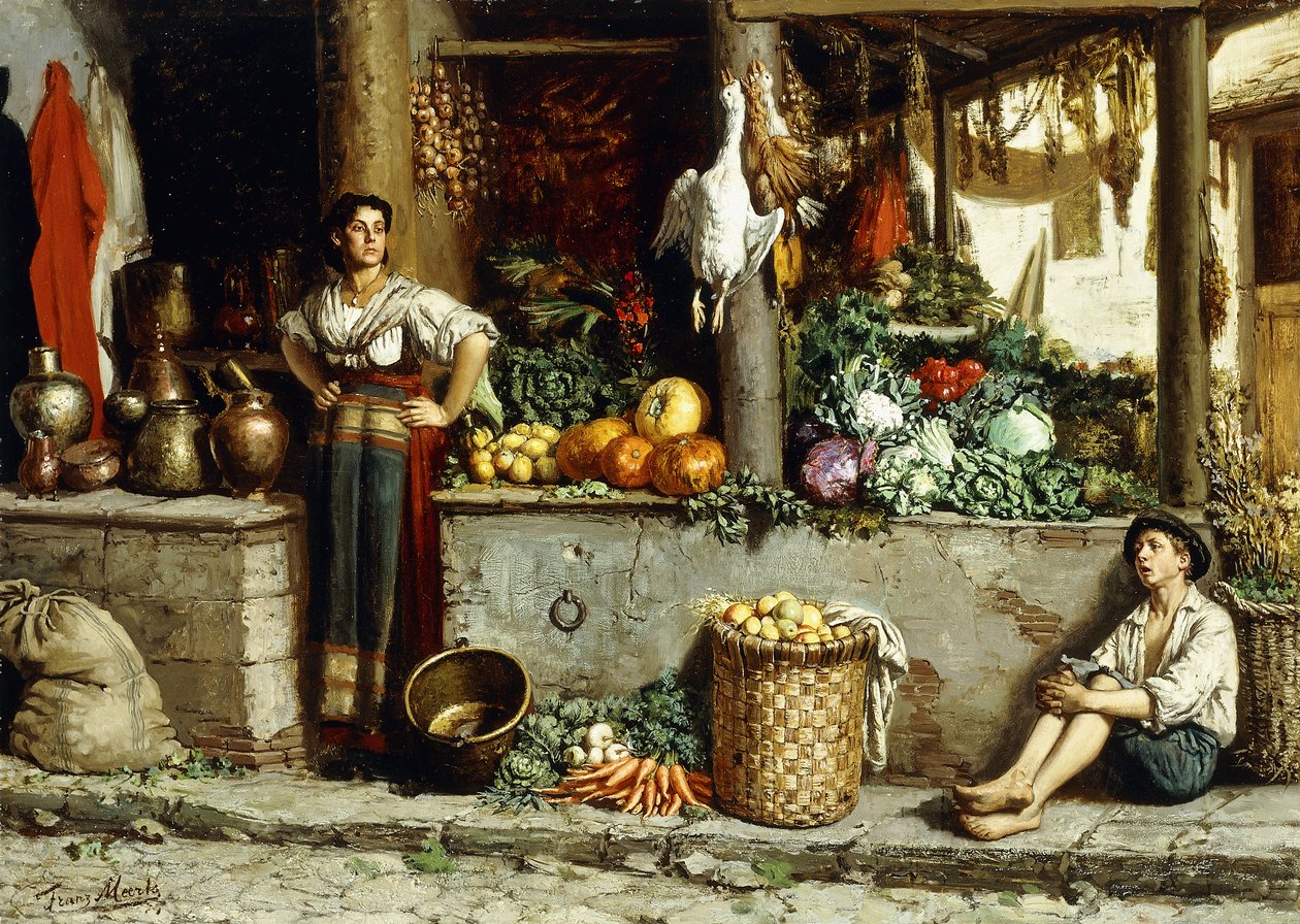 Et grønnsaksmarked; Et grønnsaksmarked, 1874 av Frans Meerts