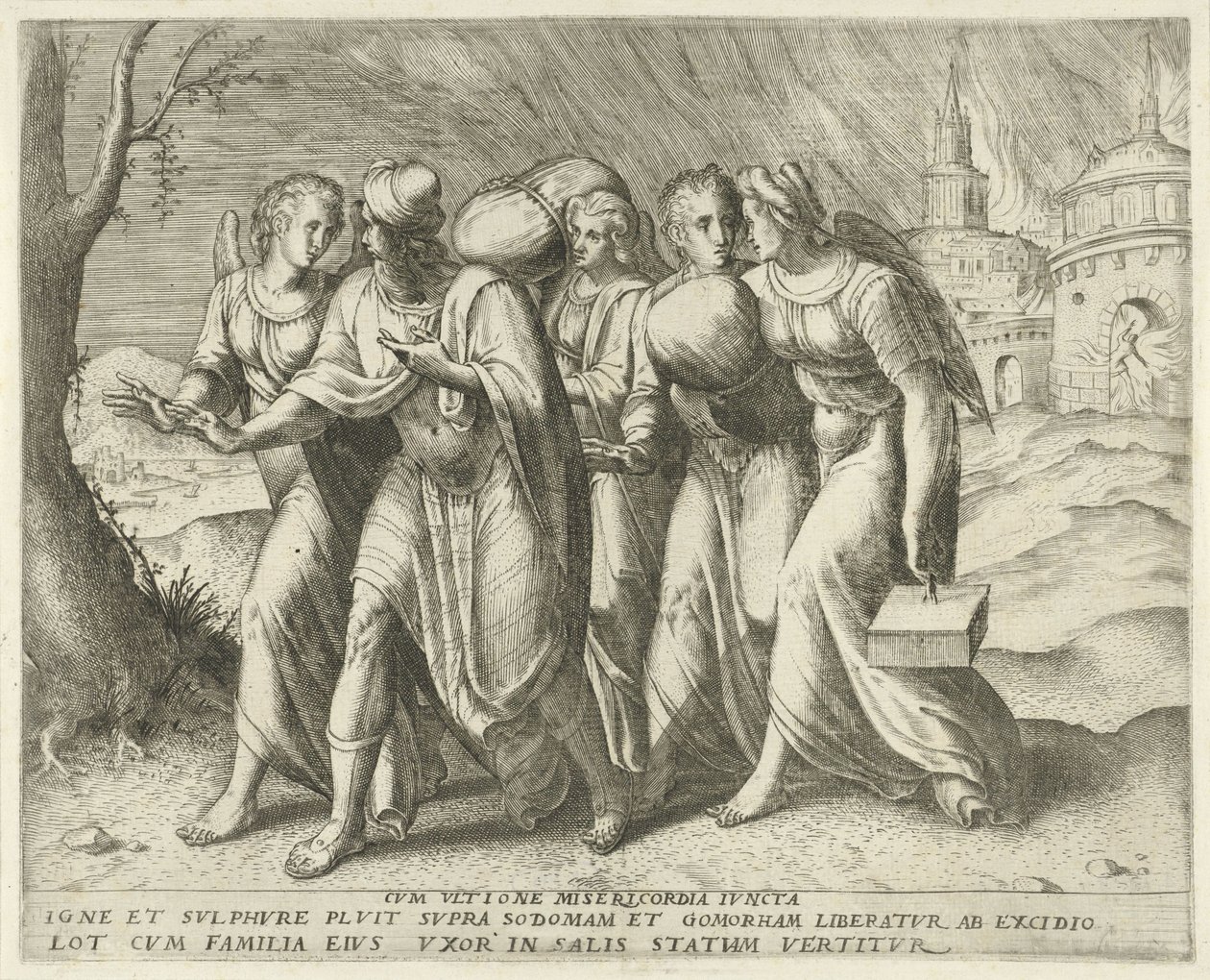 Lot forlater Sodoma med hevn forent med barmhjertighet (tittel på objekt) Geschiedenis van Lot (serietittel) av Frans Menton