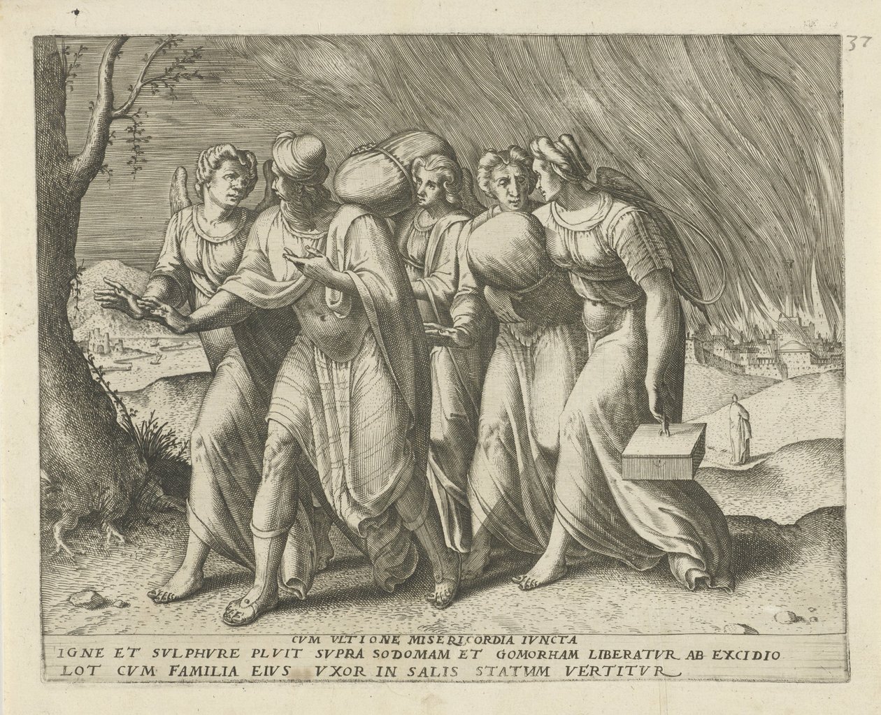 Lot forlater Sodoma Med hevn sammen med barmhjertighet (tittel på objekt) Geschiedenis van Lot (serietittel) av Frans Menton