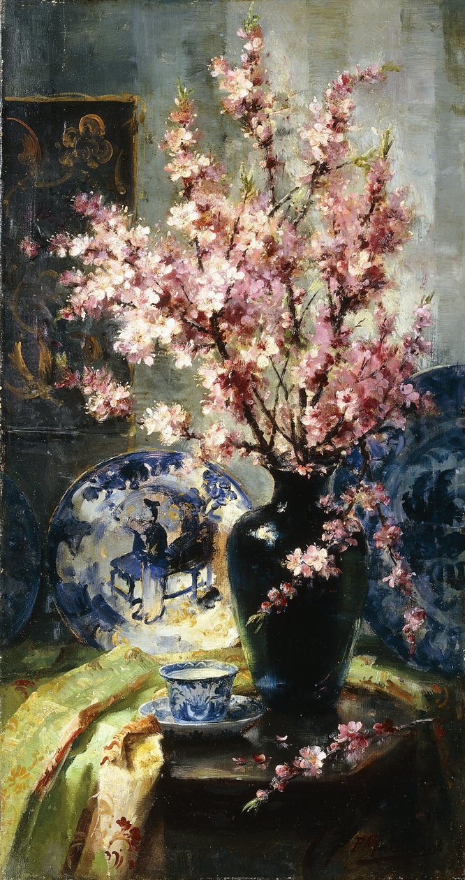 Epleblomster og blått og hvitt porselen på et bord av Frans Mortelmans