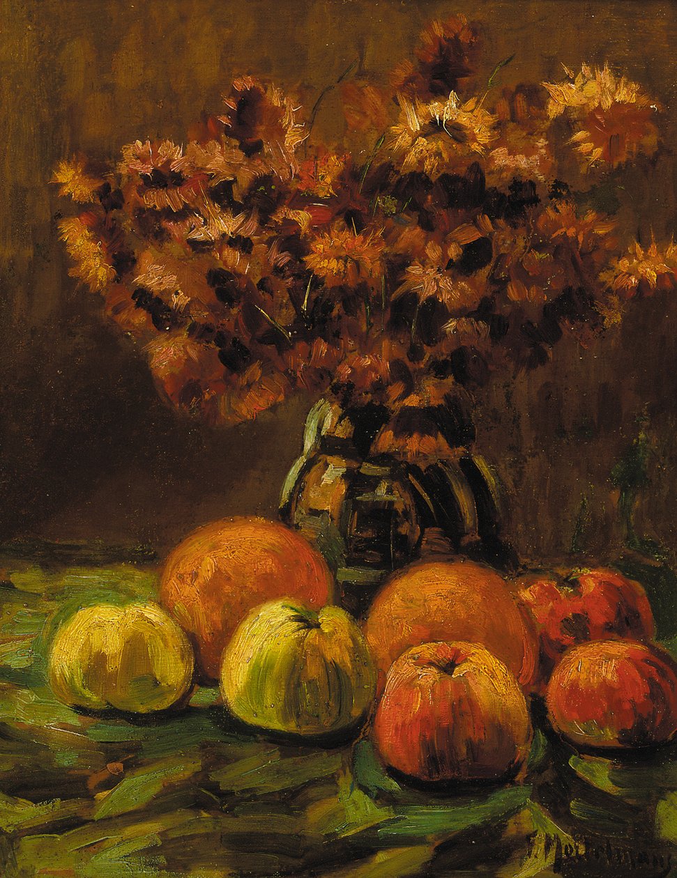 Epler, appelsiner og en vase med blomster på et bord (olje på panel) av Frans Mortelmans
