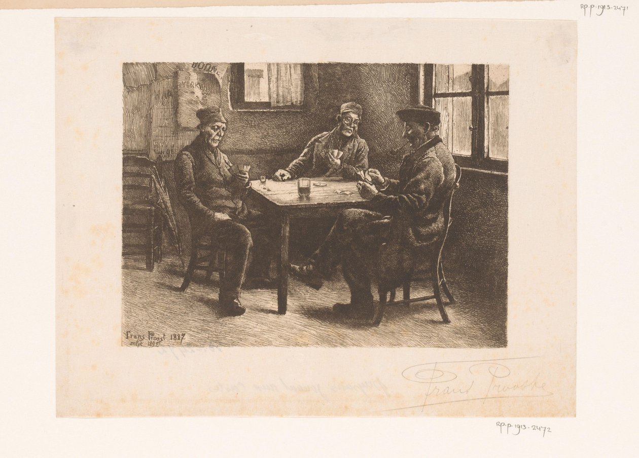 Tre menn spiller kort på en kafé av Frans Proost (signed by artist)