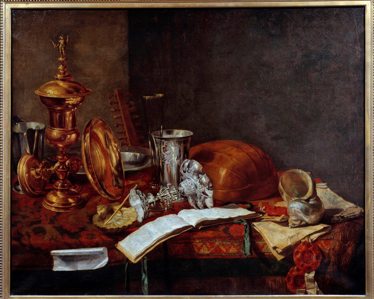 Stilleben med kunstgjenstander (kobberbeger, sølvtøy, lut) Maleri av Franz (Frans) Ryckhals (1600-1647) 1600-tallet Dunkirk, Musee des Beaux Arts av Frans Ryckhals
