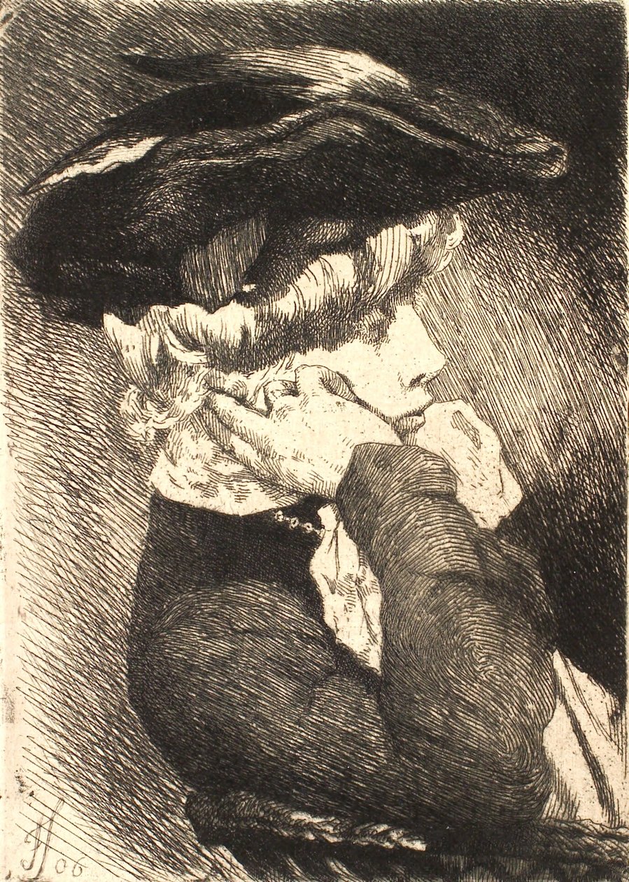 Byste av en sittende ung dame med hatt, skarp profil av Frans Schwartz