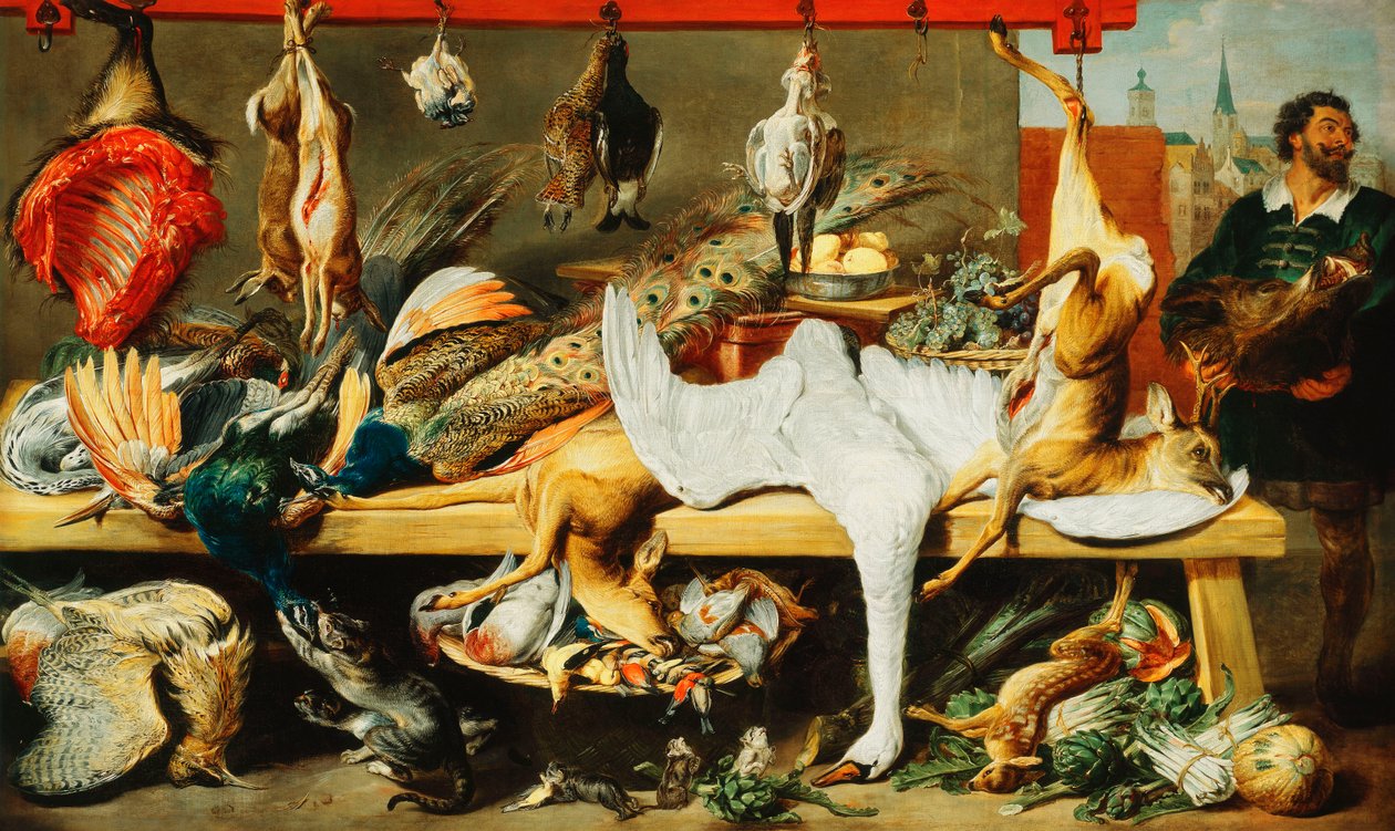 En slakterbod med katter og kattunger som leker og en slakter som holder et villsvinhode av Frans Snyders or Snijders