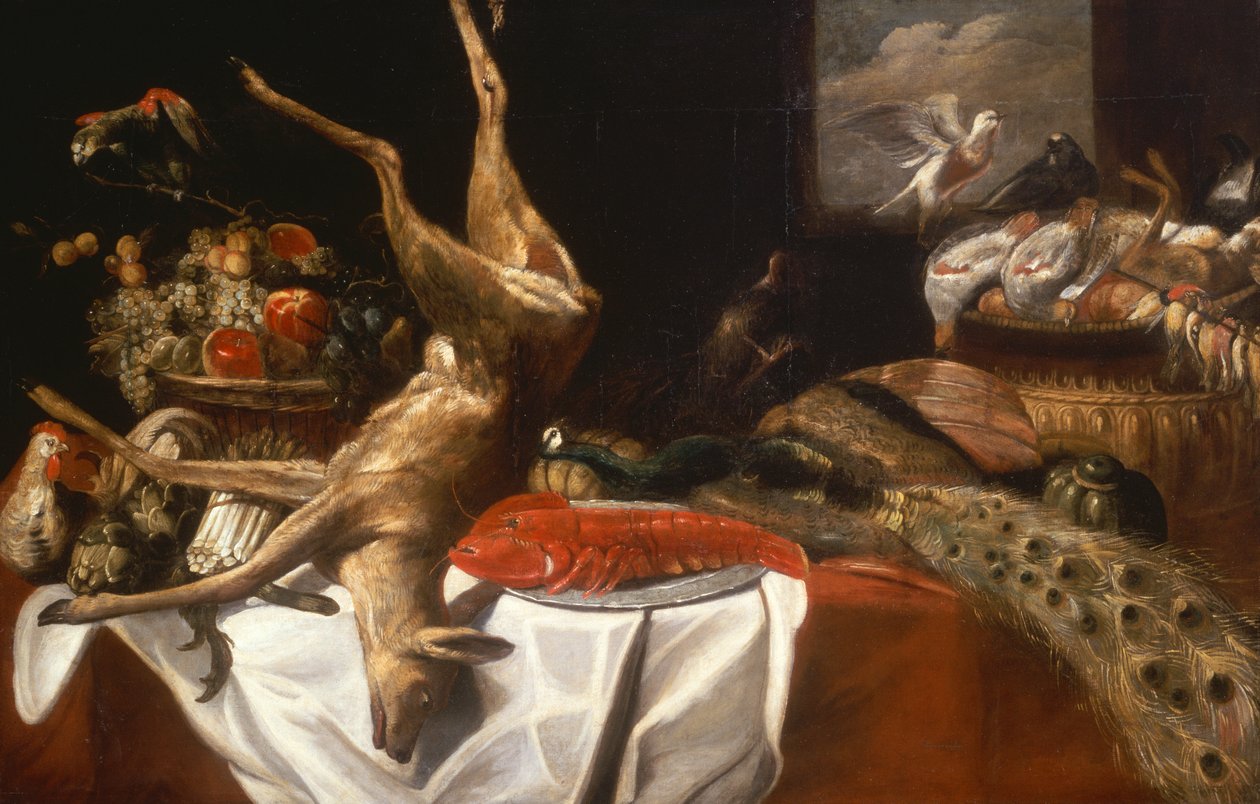 En død hjort og fugler, en hummer på et fat, en kurv med frukt og grønnsaker (olje) av Frans Snyders