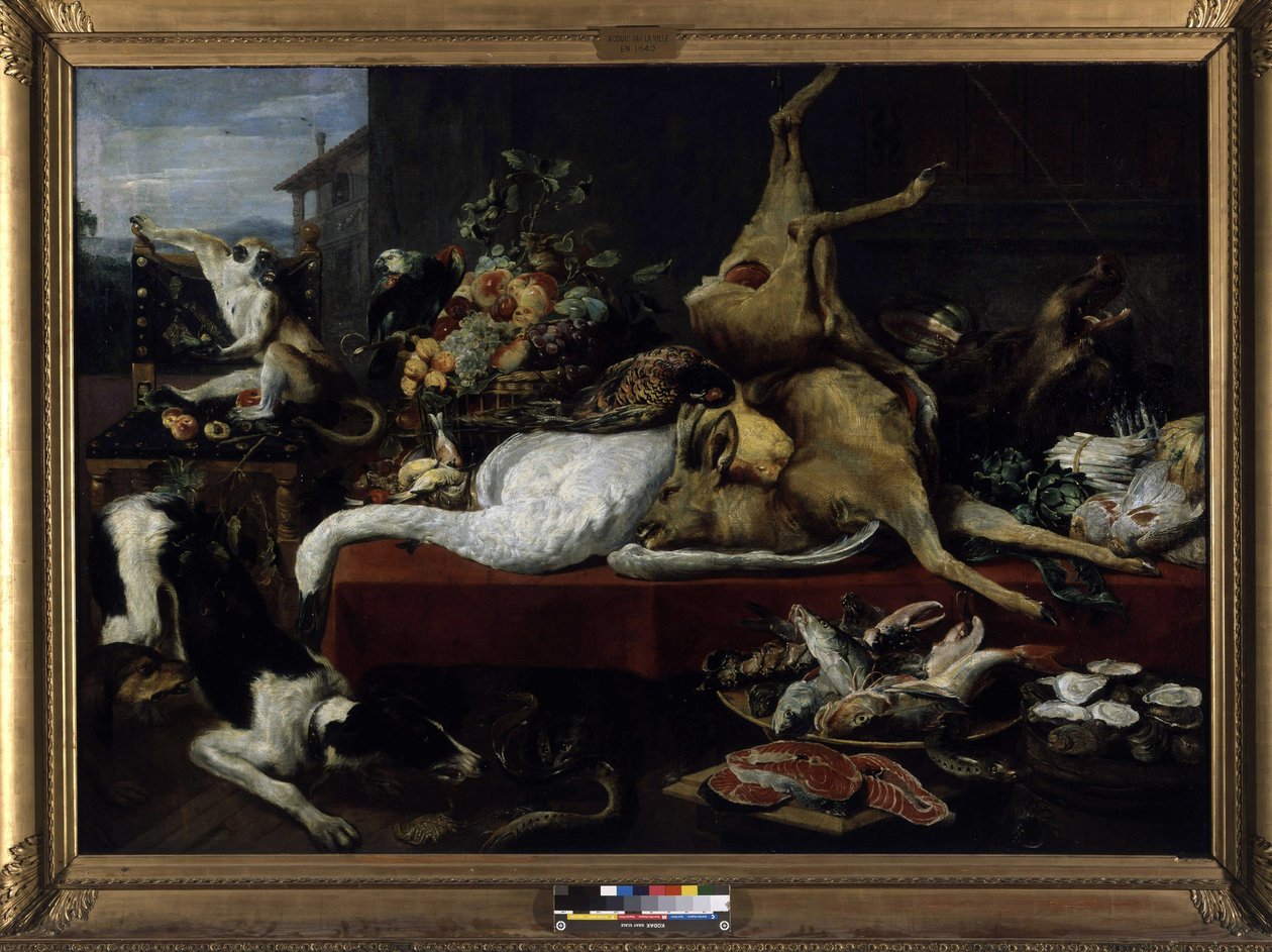 Stilleben av vilt, fisk, frukt og grønnsaker (olje på lerret) av Frans Snyders