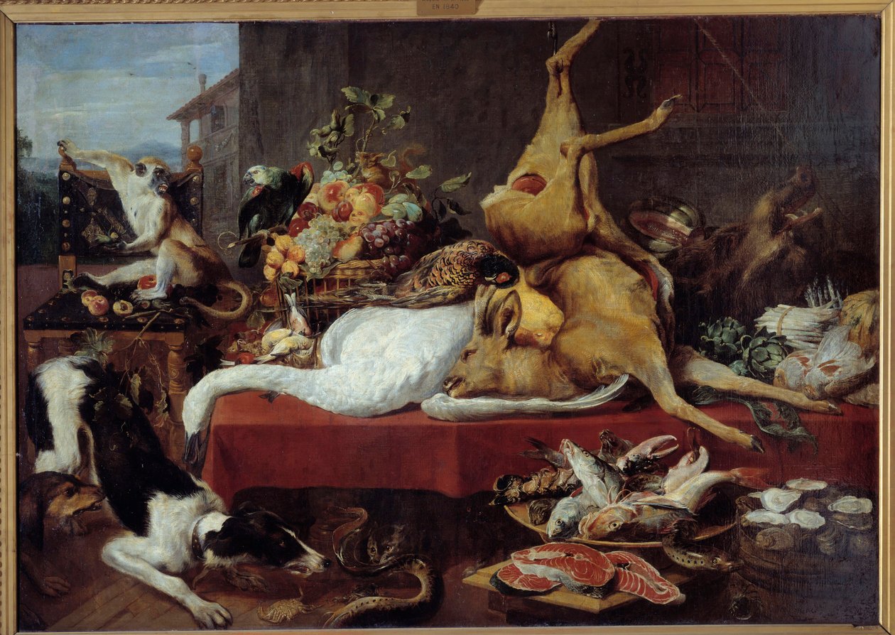 Stilleben med hjort Vilt (fasan, gås, hjort), fiskeskive, krabbe, belgfrukter. maleri av Frans Snyders (1579-1657) av Frans Snyders